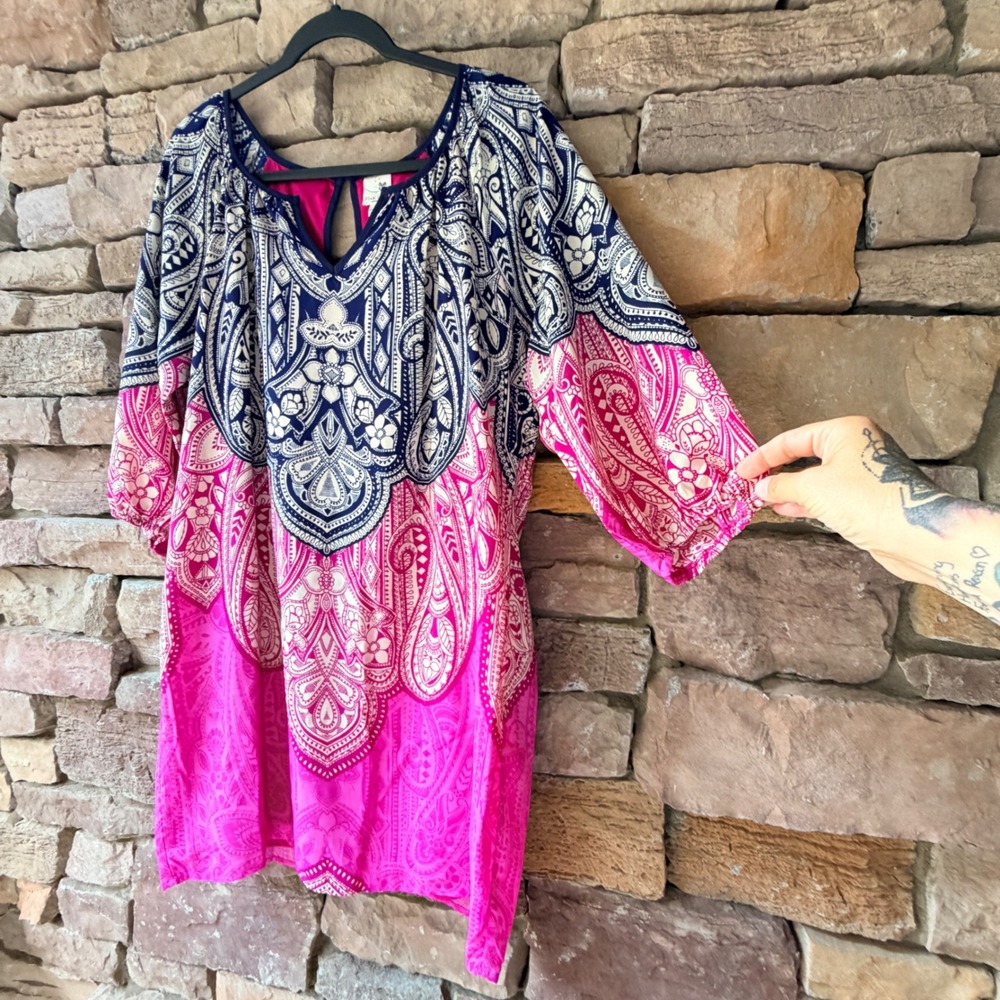 Pink Owl Women L Mini Dress Paisley Medallion Navy Pink 3/4 Sleeve Preppy Office
